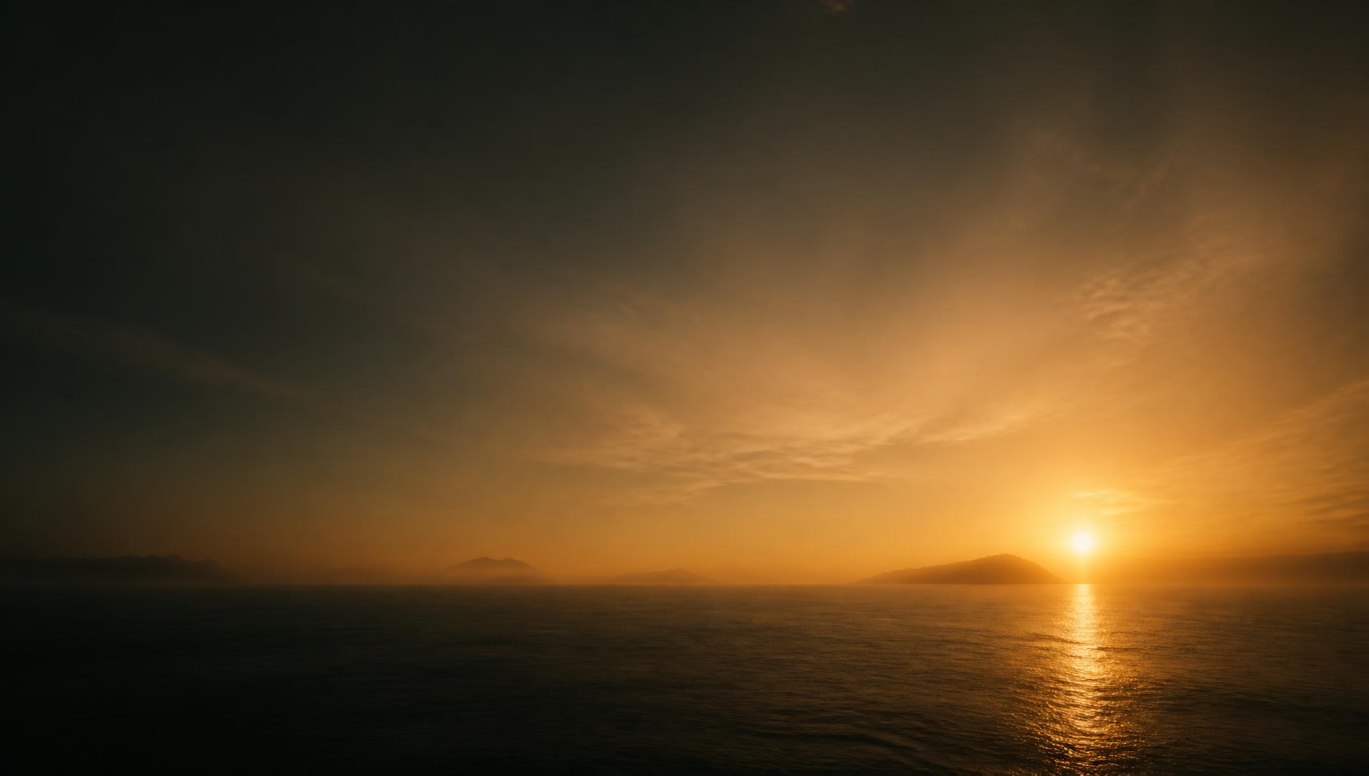 Sunrise breaking slowly over a calm, dark ocean